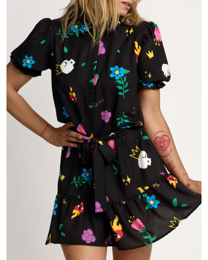 VESTIDO "DIBUJO AMA" NEGRO  AIRE RETRO