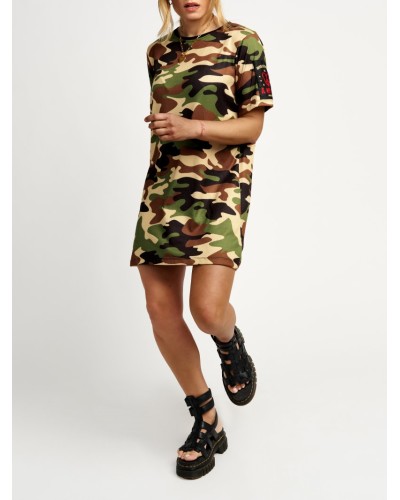 Vestido Camuflaje "Revolucionaria" – Aire Retro | Estilo Urbano con Bordado Dorado