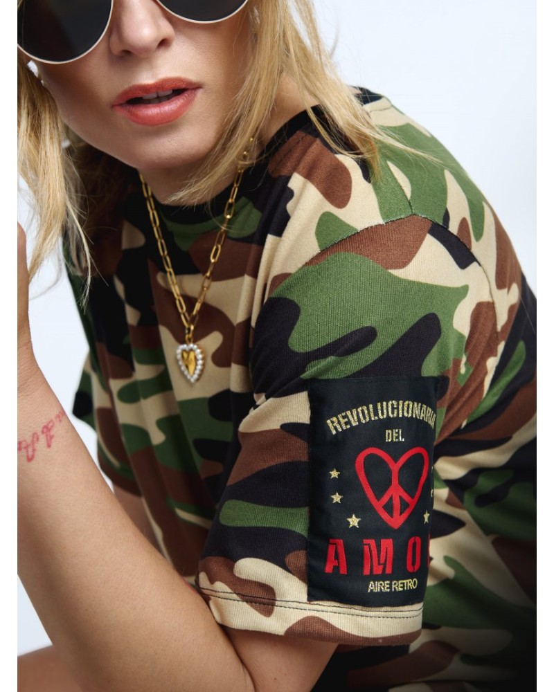 Vestido Camuflaje "Revolucionaria" – Aire Retro | Estilo Urbano con Bordado Dorado