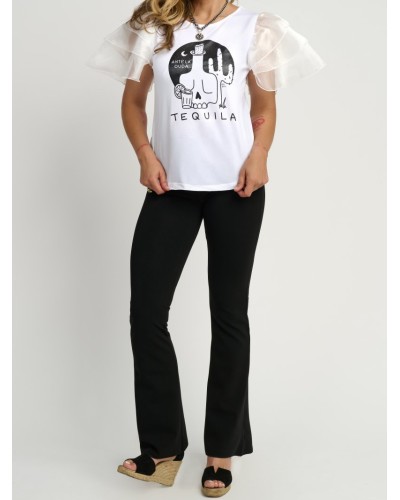 Cami “Tequila” de Aire Retro – Camiseta con Mangas de Organza y Brillo | Pensando en Ti