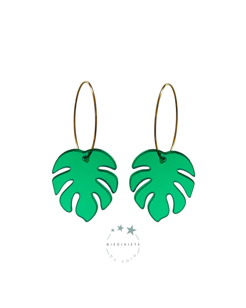 PENDIENTES ARO MONSTERA VERDE