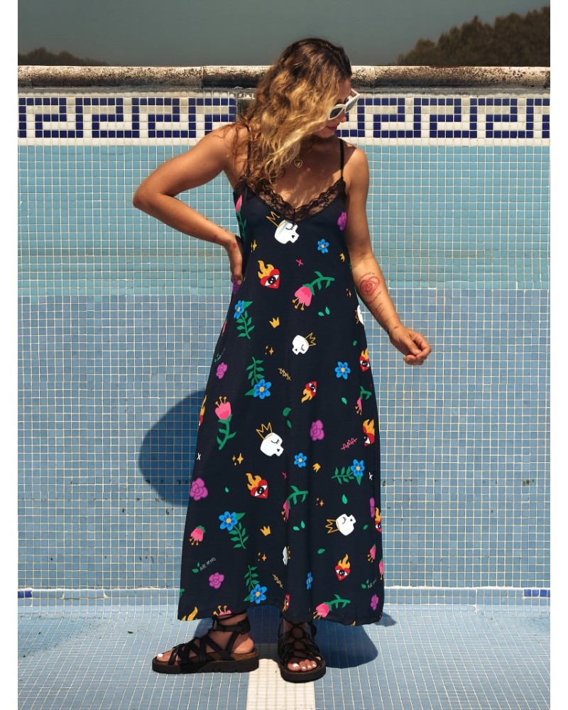 VESTIDO LARGO LENCERO "AMA" AIRE RETRO