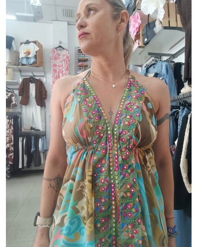 VESTIDO BOHO ESPEJOS VERDE