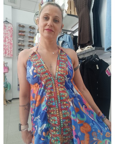 VESTIDO BOHO ESPEJOS AZUL