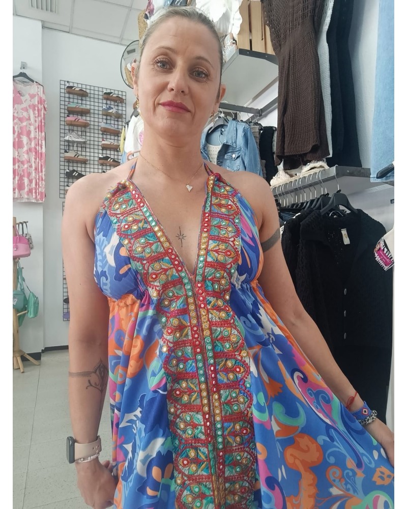 VESTIDO BOHO ESPEJOS AZUL