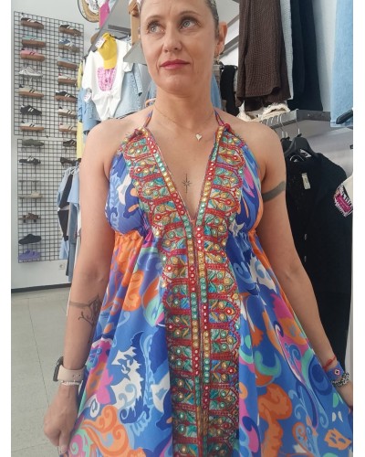 VESTIDO BOHO ESPEJOS AZUL