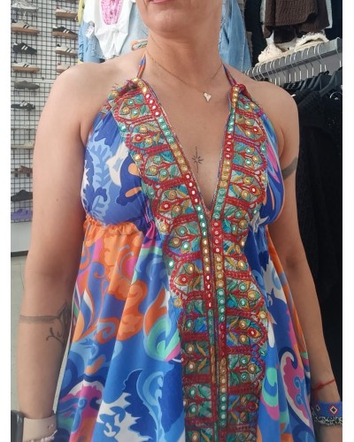 VESTIDO BOHO ESPEJOS AZUL
