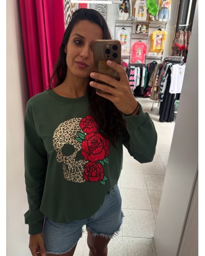 SUDADERA ROSAS CALAVERA VERDE