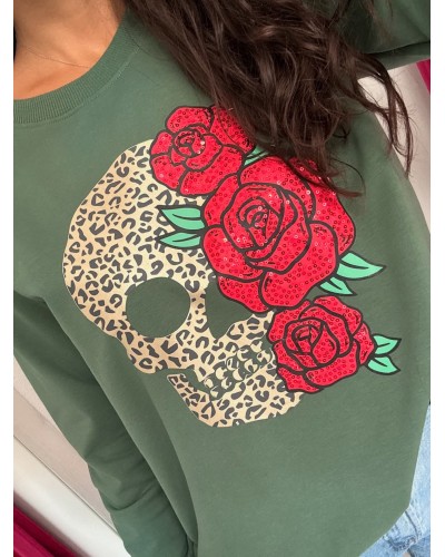 SUDADERA ROSAS CALAVERA VERDE
