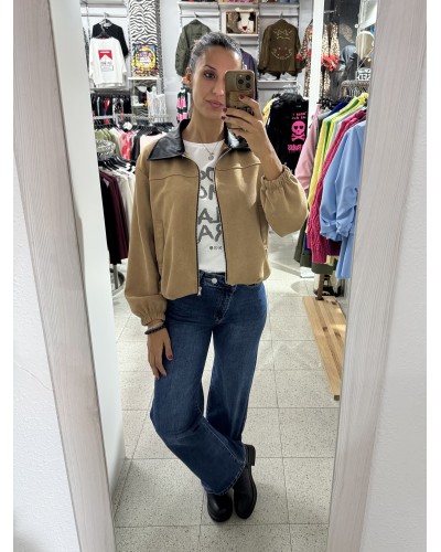 Chaqueta Antelina Cuello Polipiel – Camel, Verde y Negro