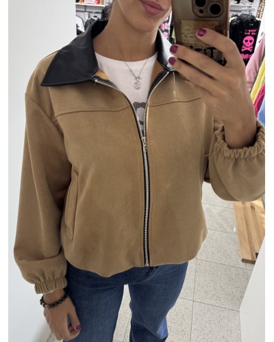 Chaqueta Antelina Cuello Polipiel – Camel, Verde y Negro