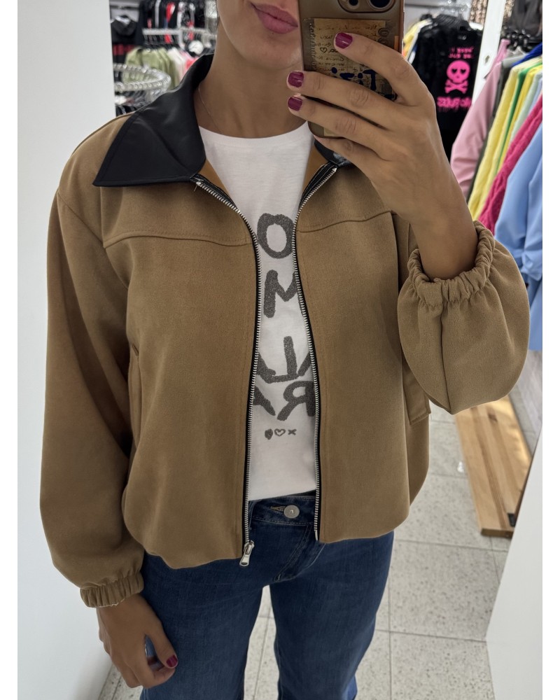 Chaqueta Antelina Cuello Polipiel – Camel, Verde y Negro