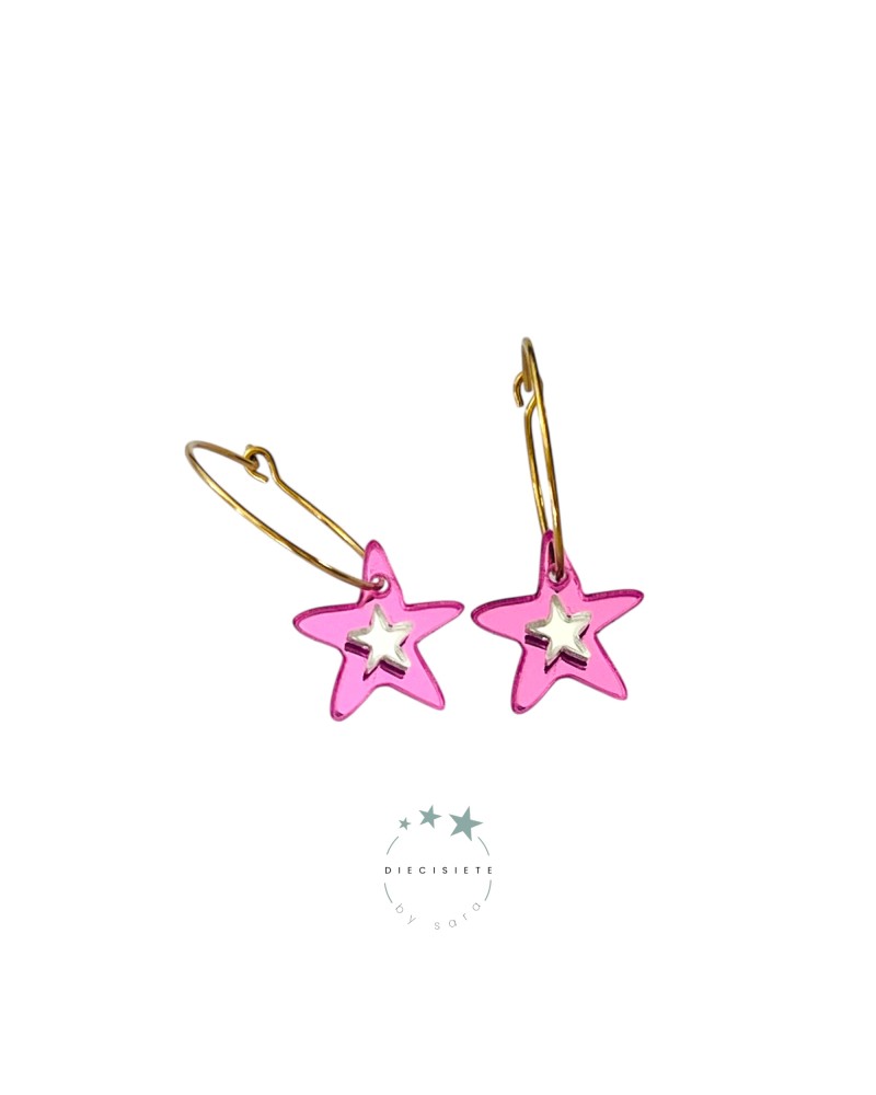 PENDIENTES ARITO DOBLE ESTRELLA ROSA Y PLATA 17 BY SARA