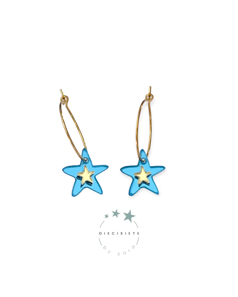 PENDIENTES ARITO DOBLE ESTRELLA AZUL Y DORADO 17 BY SARA