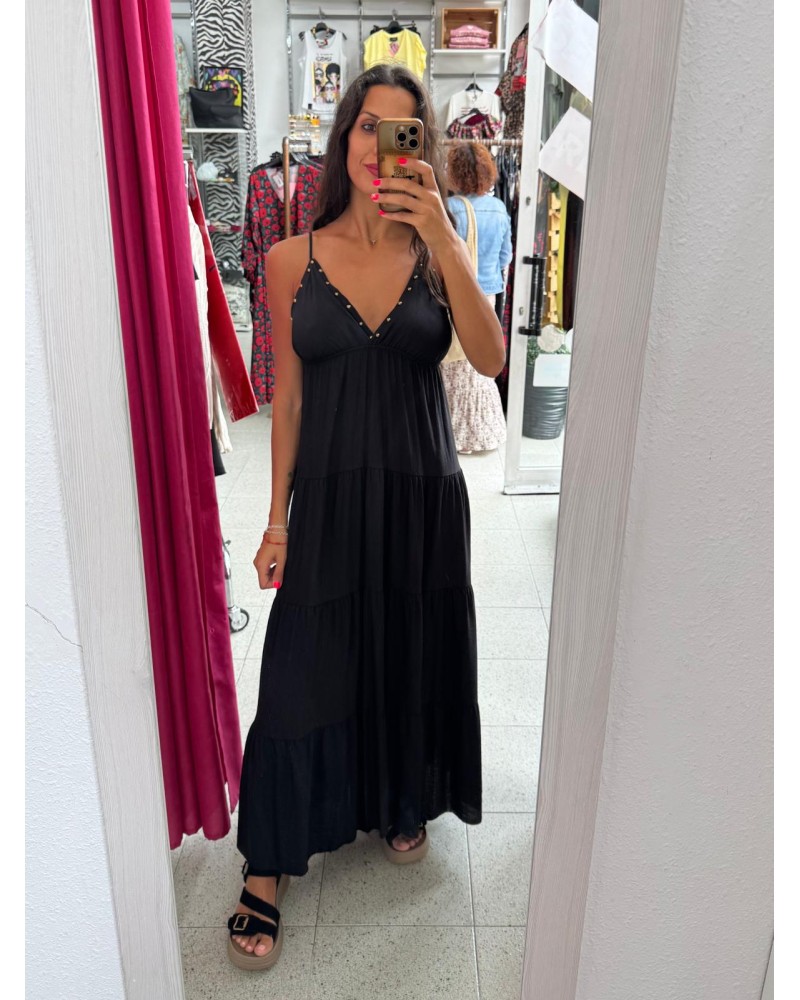 VESTIDO MAYA LARGO TACHUELAS NEGRO