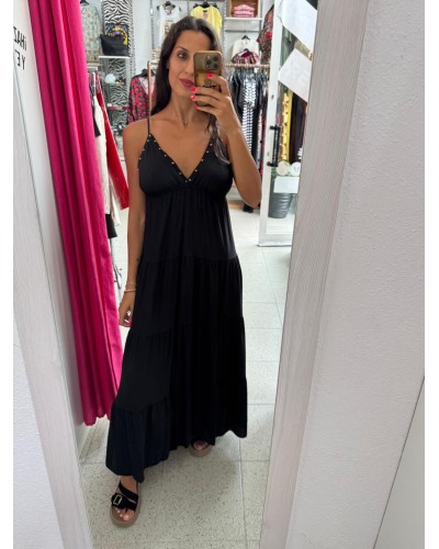 VESTIDO MAYA LARGO TACHUELAS NEGRO